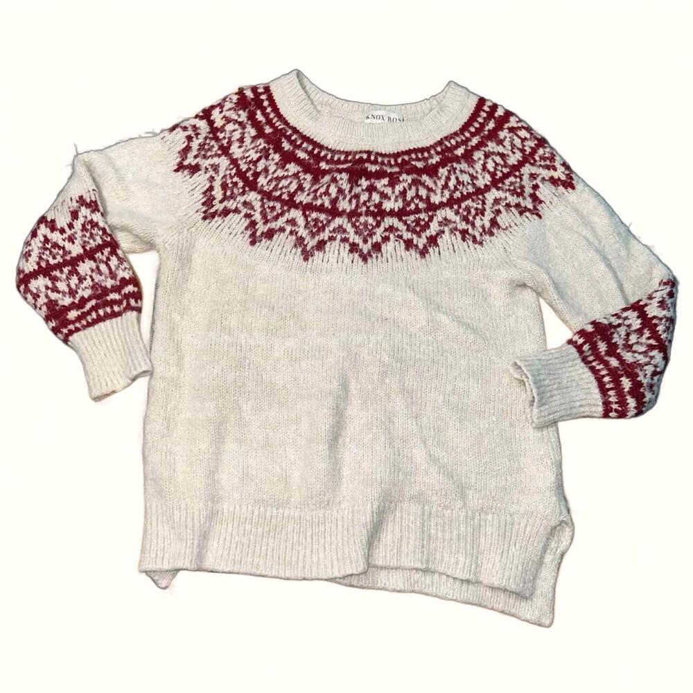 Knox Rose Women's White and Red Fair Isle Christmas Sweater Medium